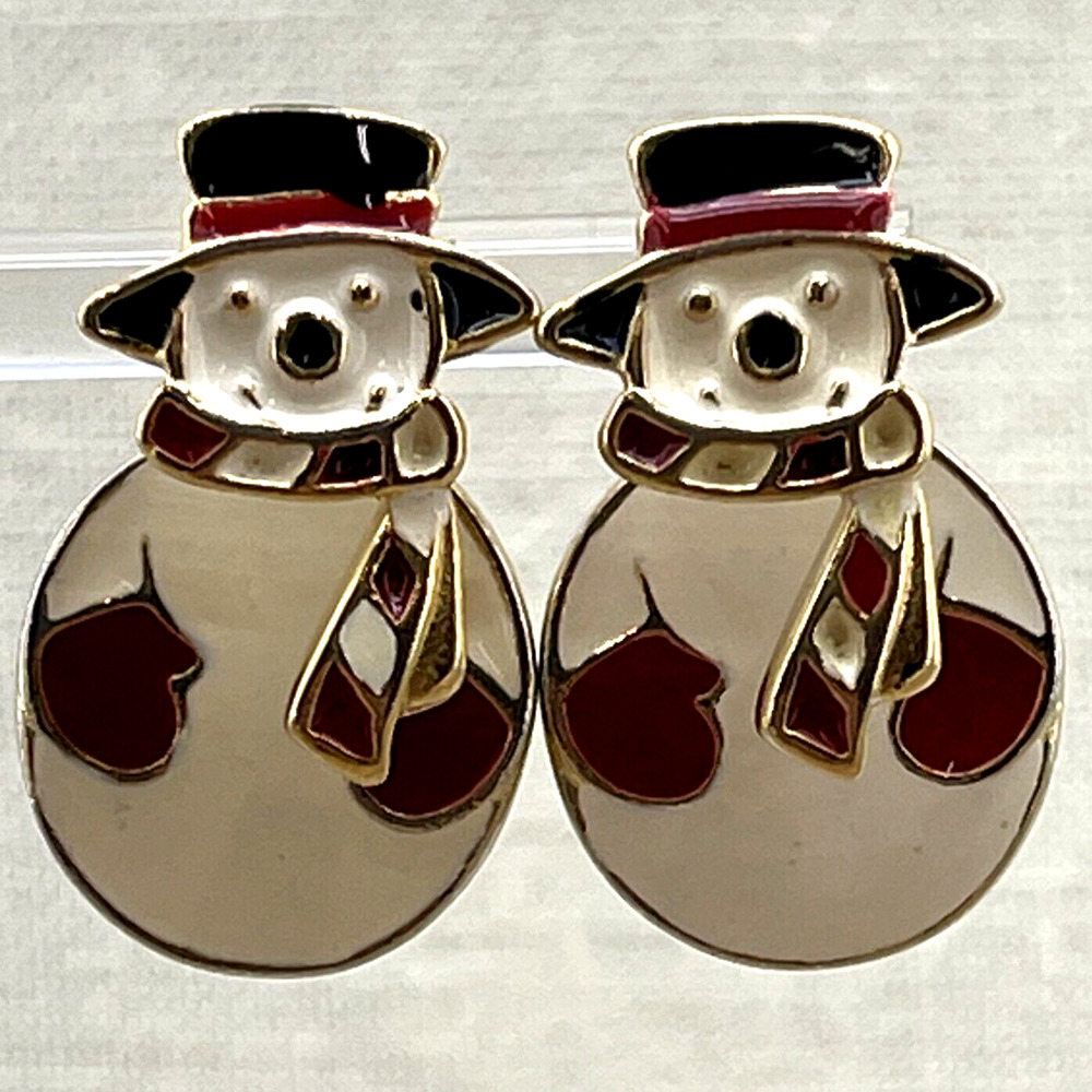 Frosty The Snowman Earrings Gold Tone Red / White Enamel Holiday Ear Pierced